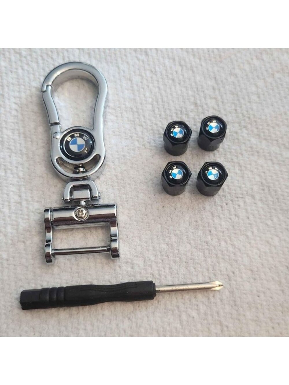 BMW Chrome Metal Keychain Clip Logo Key Chain & Four Valve Stem Tire Caps New